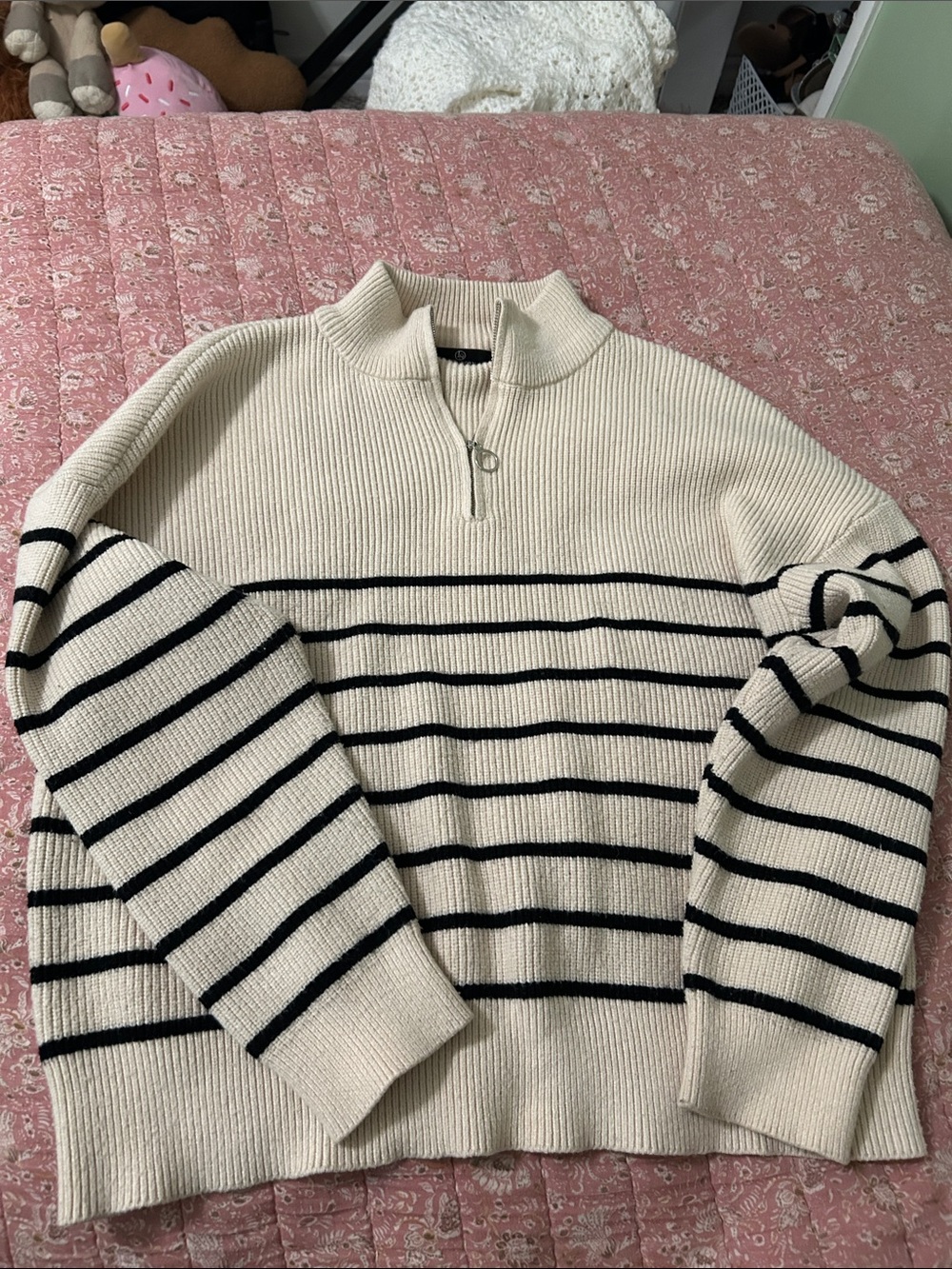 Cream and Black Striped Half-Zip Sweater